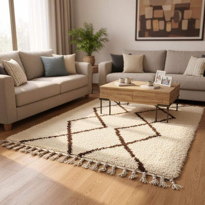 Handmade Moroccan shag rug with ivory background and dark brown diamond pattern, plush high-pile texture, boho minimalist decor accent