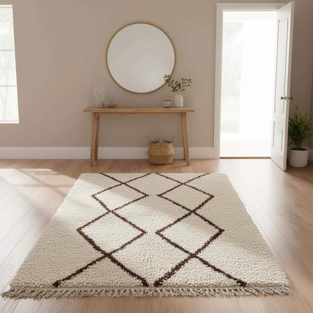 Handmade Moroccan shag rug with ivory background and dark brown diamond pattern, soft high-pile texture for boho minimalist decor