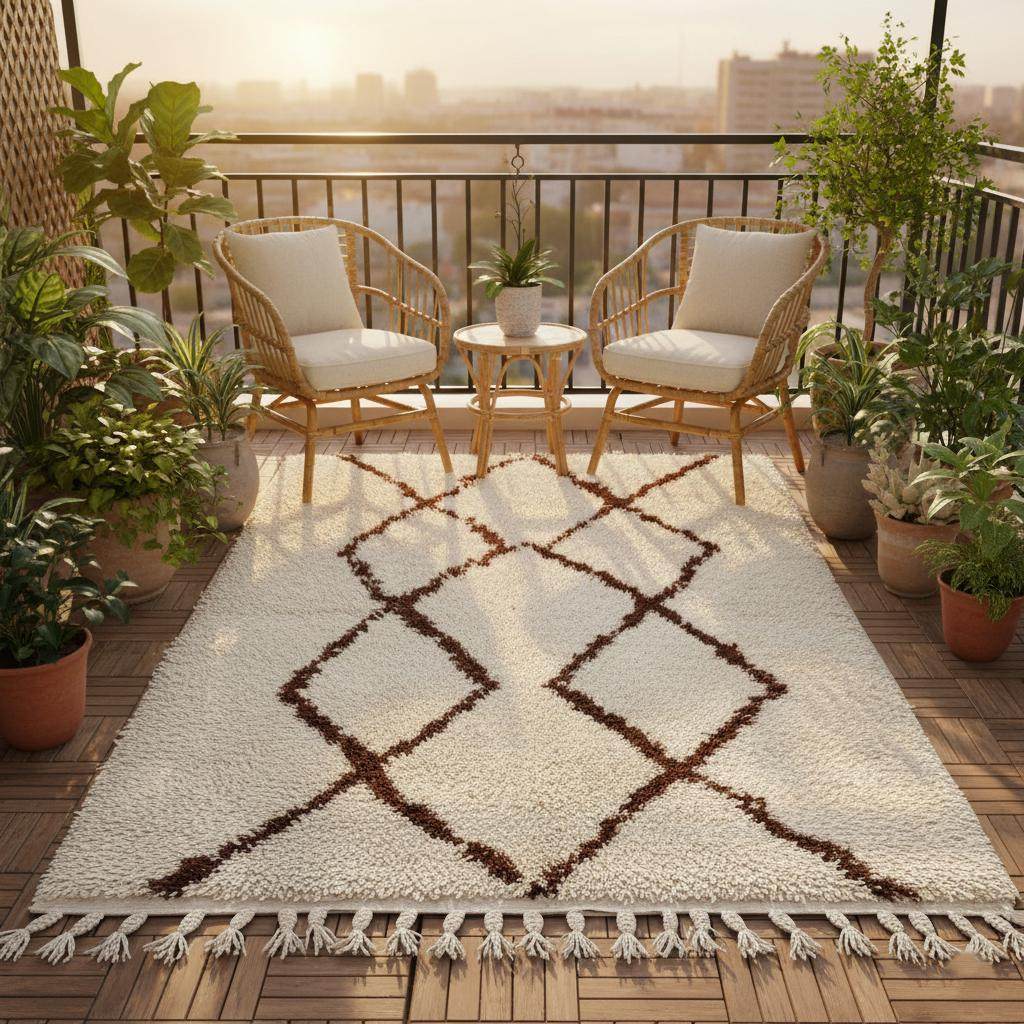 Handmade Moroccan shag rug with ivory background and dark brown diamond pattern, plush high-pile boho accent rug