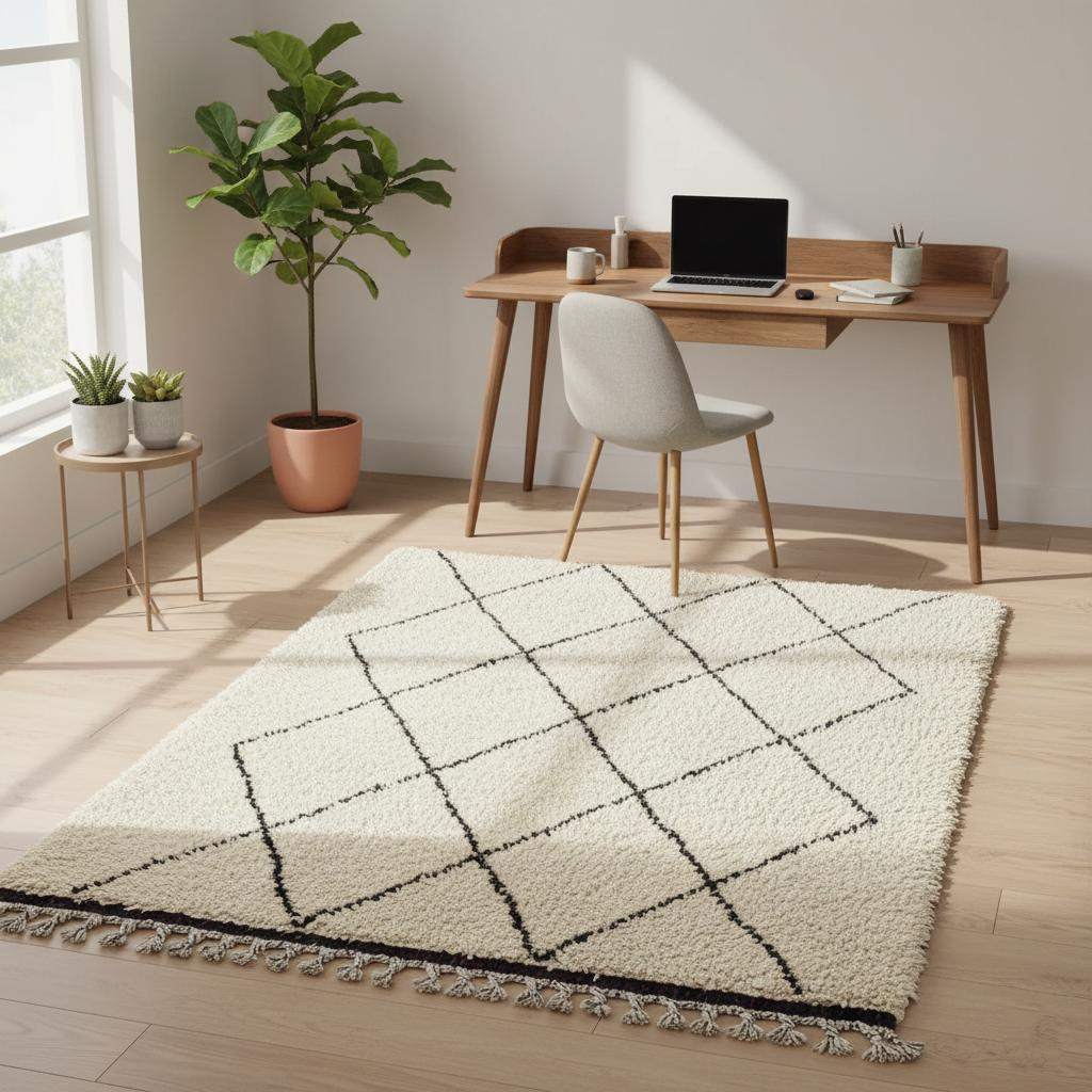 Oversized Beni Ourain wool rug with ivory base and black diamond pattern hand-knotted Moroccan rug