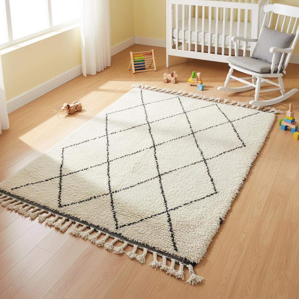 Oversized Beni Ourain wool rug with ivory base and black diamond pattern hand-knotted from natural wool