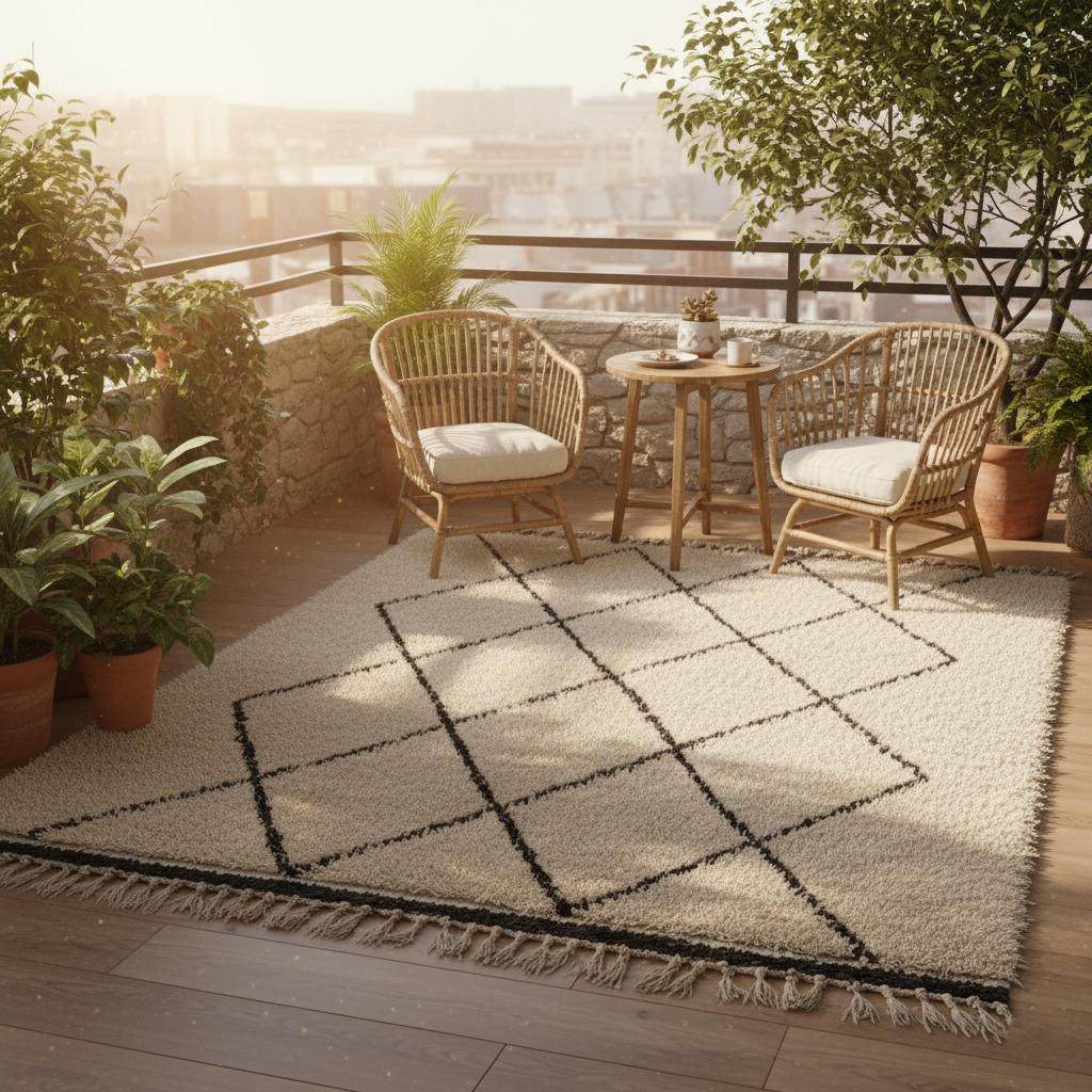 Oversized Beni Ourain wool rug with ivory base and black diamond pattern hand-knotted Moroccan style