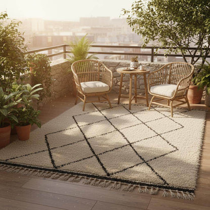 Oversized Beni Ourain wool rug with ivory base and black diamond pattern hand-knotted Moroccan style