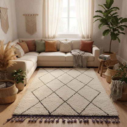 Oversized Beni Ourain wool rug with ivory base and black diamond pattern, hand-knotted Moroccan design