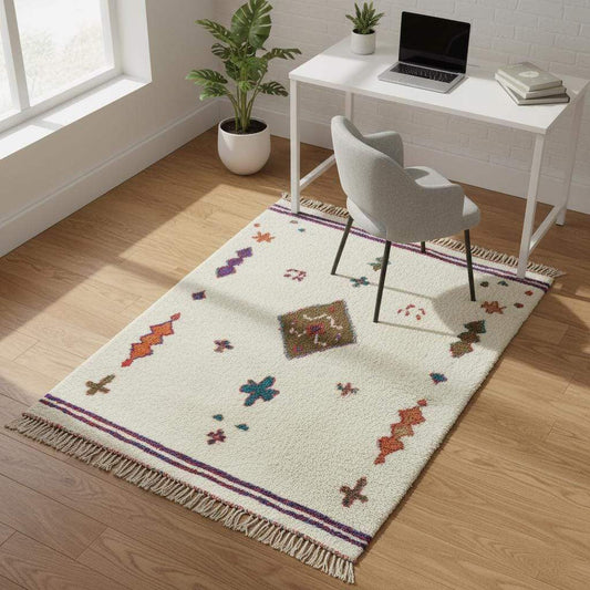 Handmade Moroccan wool rug with ivory base and colorful Berber geometric design