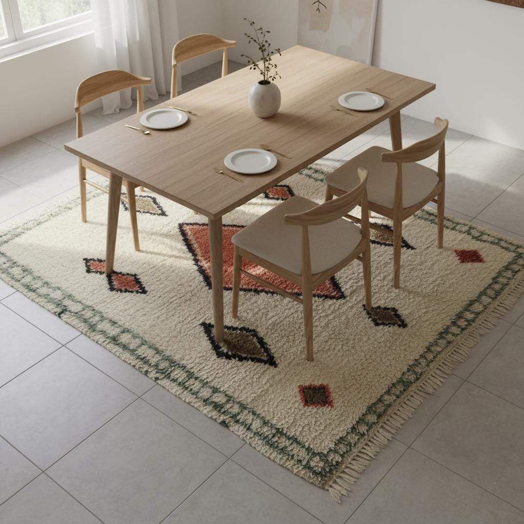 Handmade wool area rug with geometric diamond patterns in cream, brick red, tan, and muted green boho Moroccan style