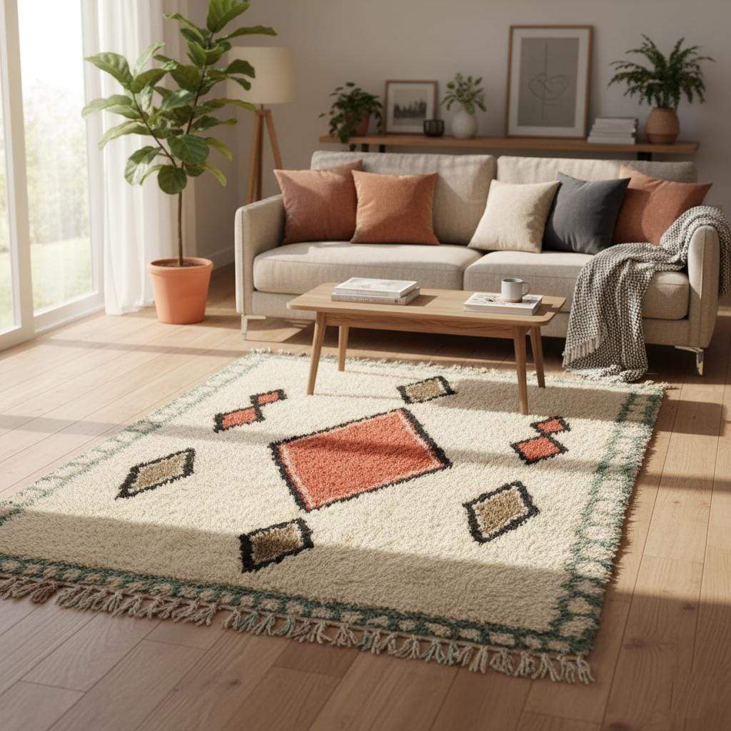 Handmade wool area rug with geometric diamond pattern in cream, brick red, tan, and muted green boho Moroccan style