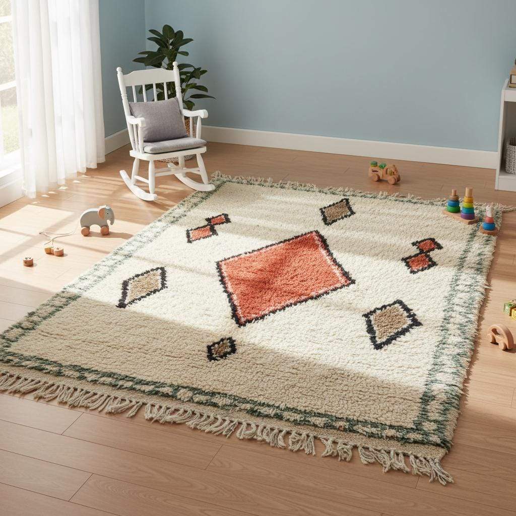 Handmade wool area rug with geometric diamond boho Moroccan design in cream, brick red, tan, and muted green colors.