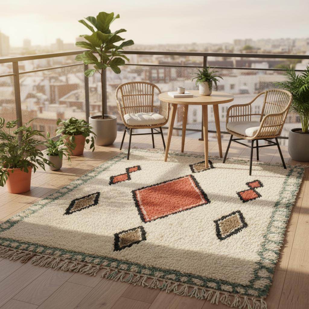 Handmade wool area rug with geometric diamond pattern in cream, brick red, tan, and muted green boho Moroccan style