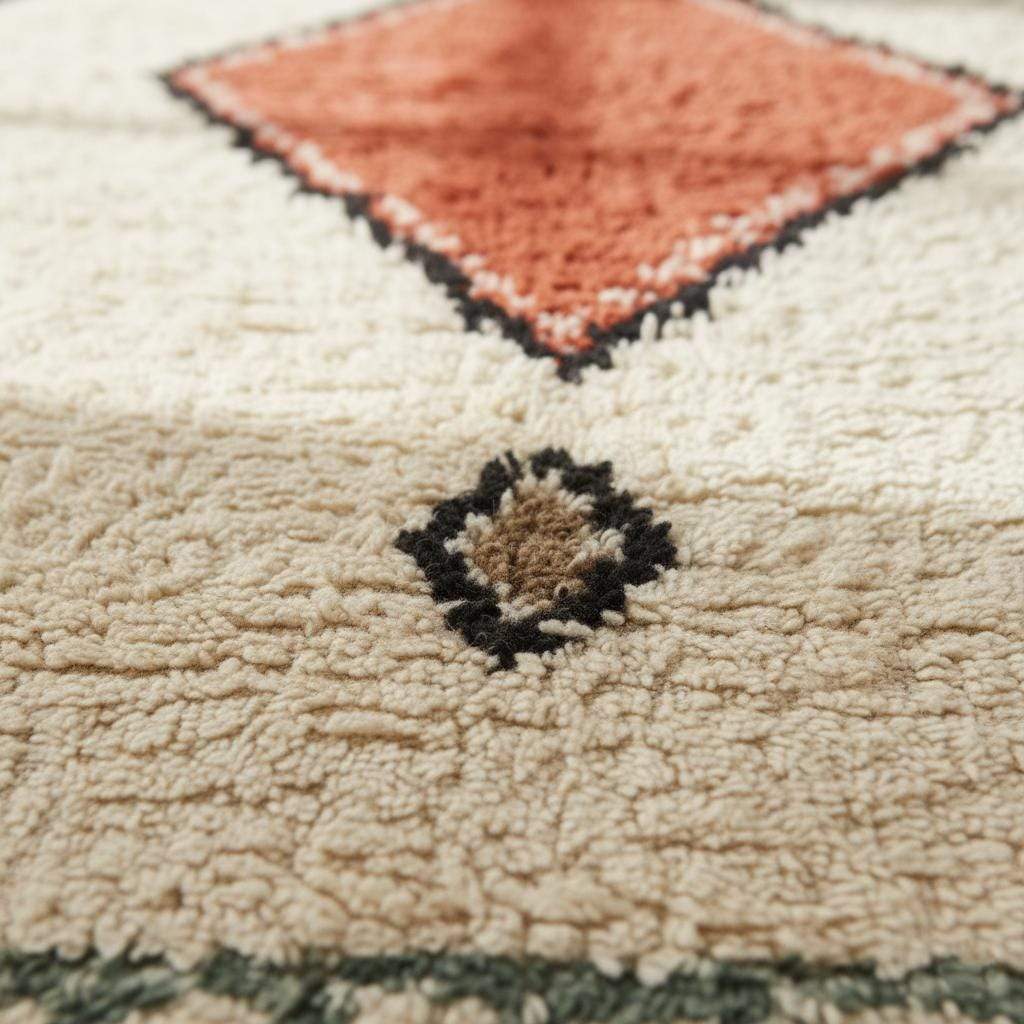 Handmade wool area rug with geometric diamond boho Moroccan design in cream, brick red, tan, and muted green fringe border