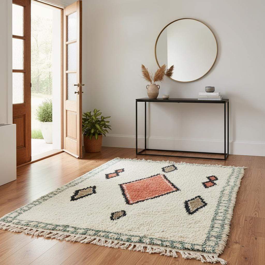 Handmade wool area rug with geometric diamond pattern in cream, brick red, tan, and muted green boho Moroccan style