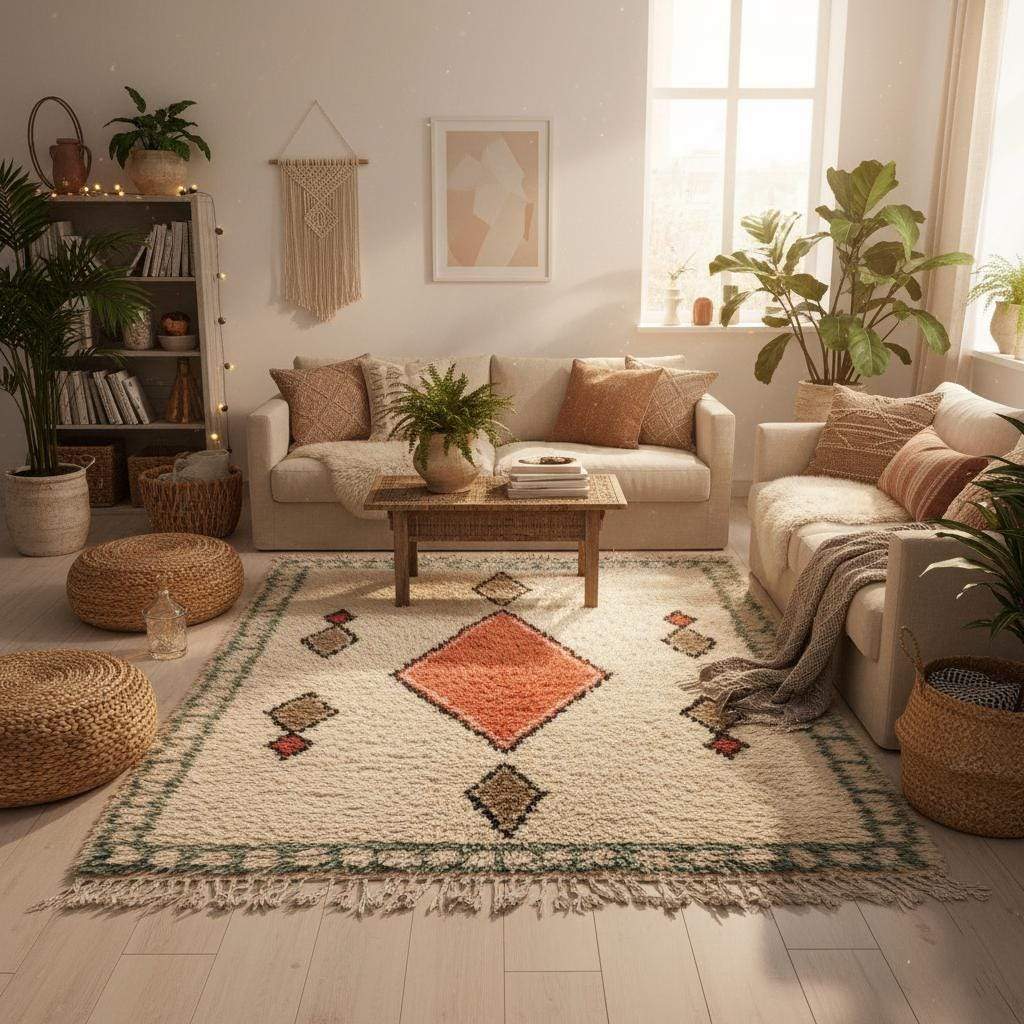 Handmade wool area rug with geometric diamond pattern in cream, brick red, tan, and muted green, boho Moroccan style