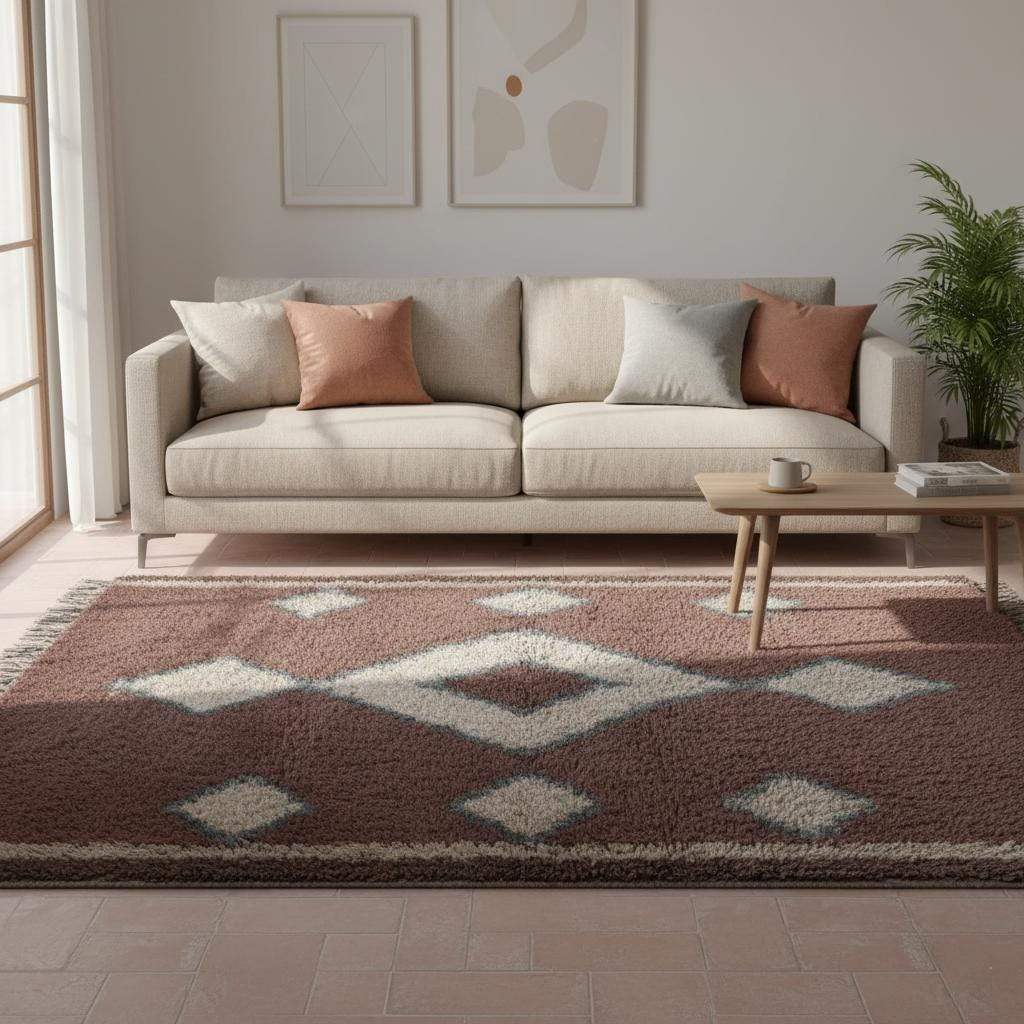 Vintage hand-woven Moroccan rug with brown and cream diamond Berber pattern, 9x12 feet