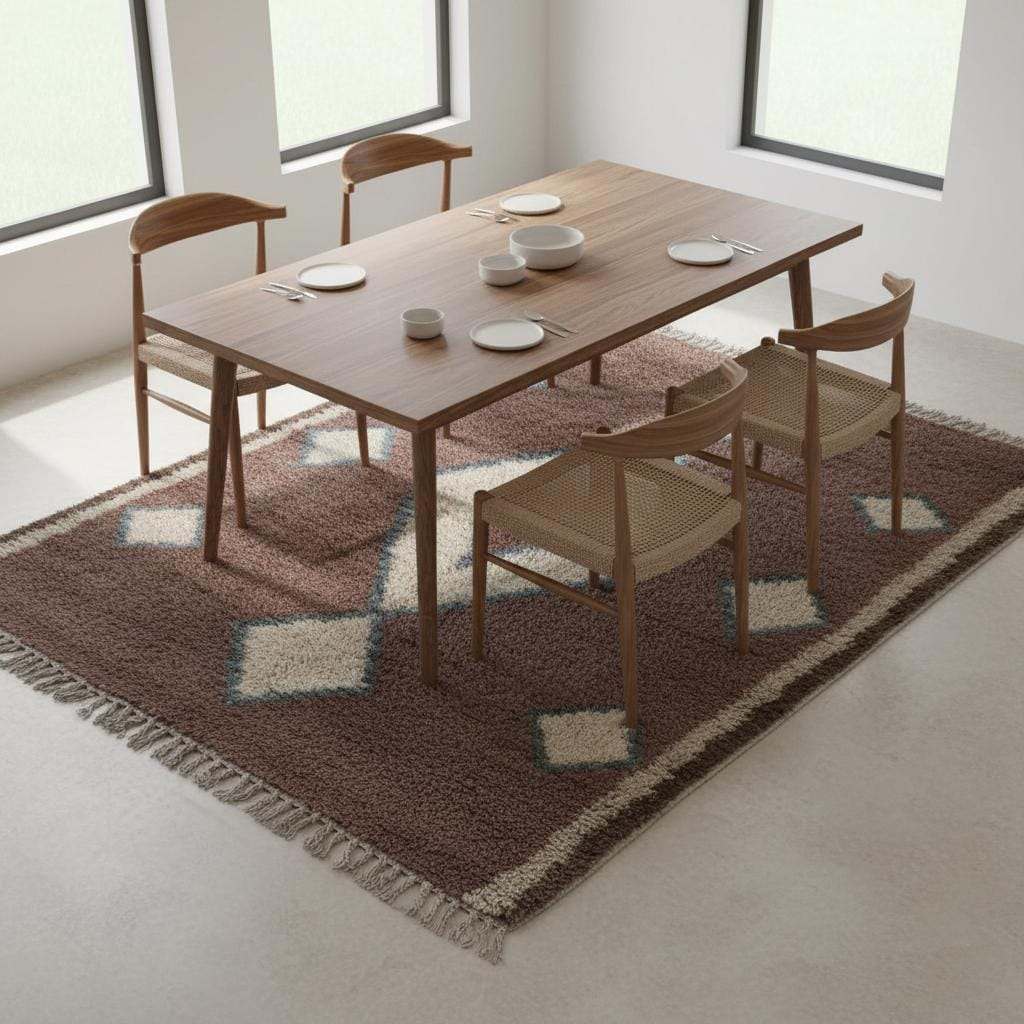 Vintage hand-woven Moroccan rug with brown base, cream diamond Berber pattern, and subtle blue edging, 9x12 feet size