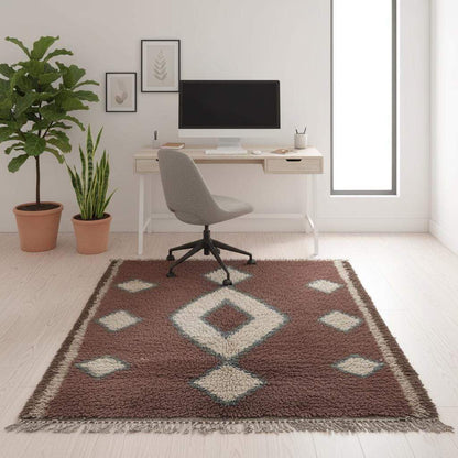 Vintage hand-woven Moroccan Berber rug with brown, cream diamond pattern and subtle blue edging, 9x12 feet