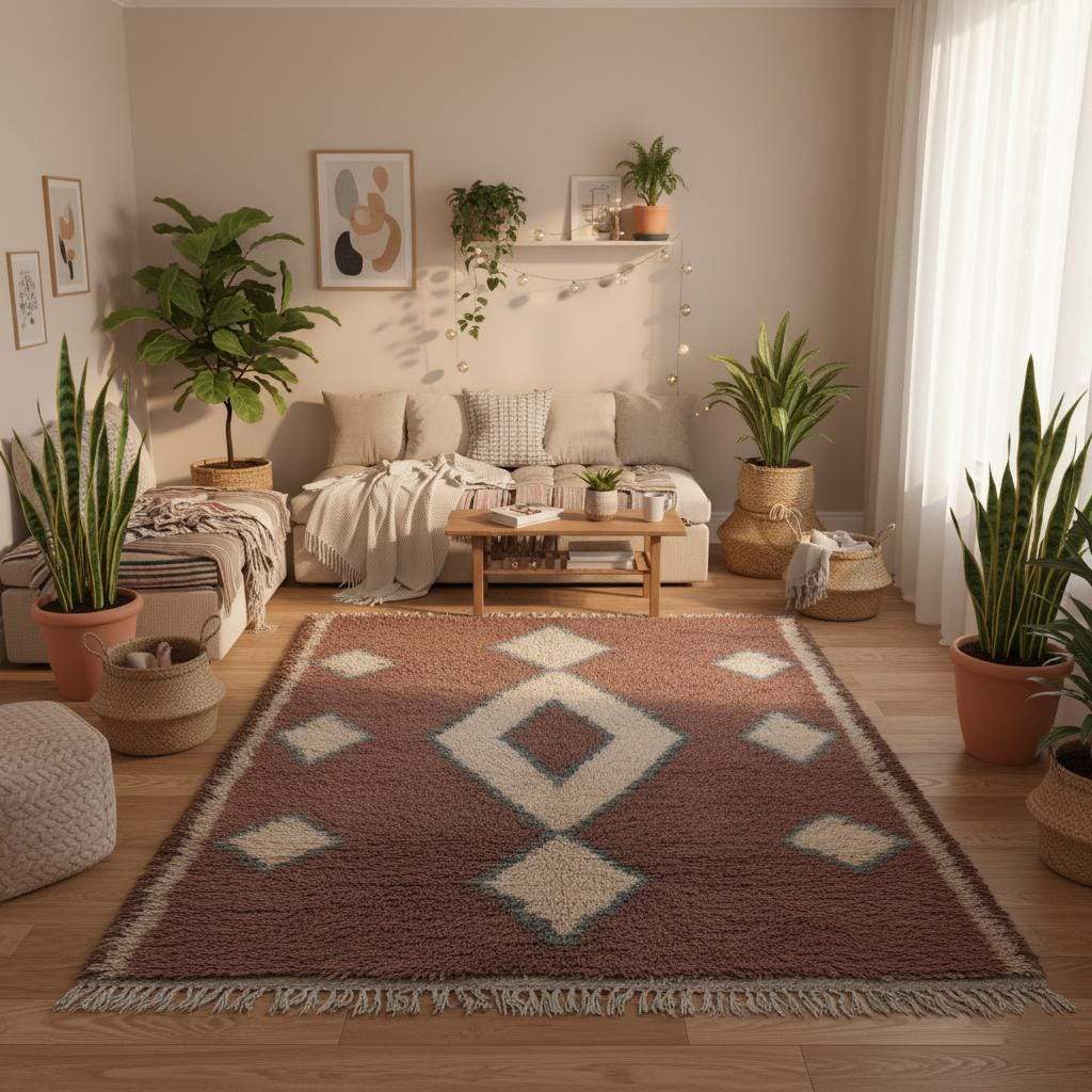 Vintage hand-woven Moroccan rug with brown, cream diamond pattern and subtle blue edging, soft wool texture