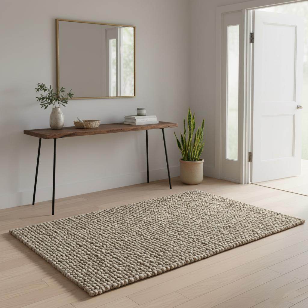 Handmade textured wool mat in natural beige with chunky knitted pebble design for cozy modern home decor
