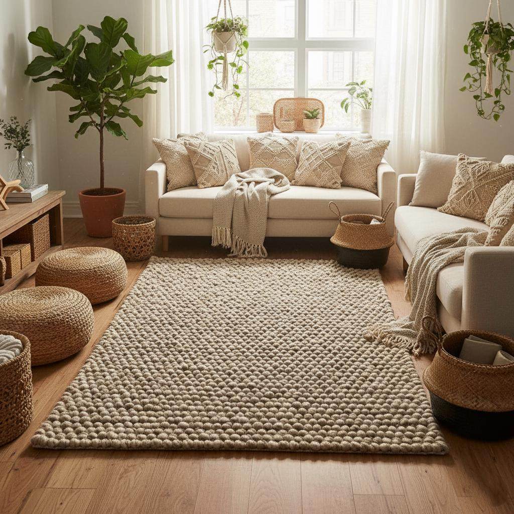 Handmade textured wool mat in natural beige with chunky knitted pebble design for modern home decor