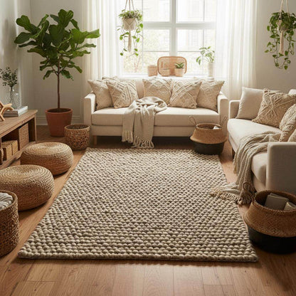 Handmade textured wool mat in natural beige with chunky knitted pebble design for modern home decor