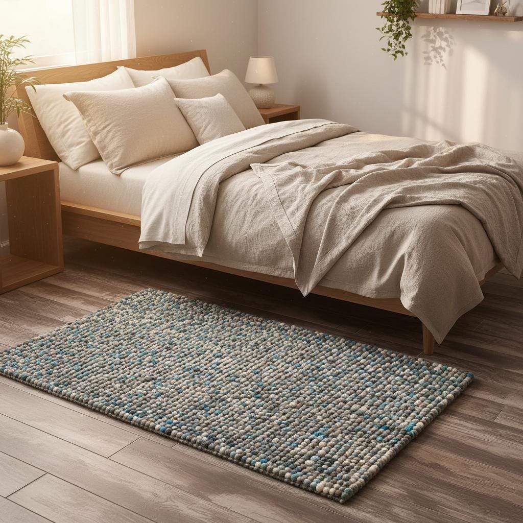 Handcrafted felt ball rug in teal, beige, and grey wool with plush pebble texture for cozy home décor