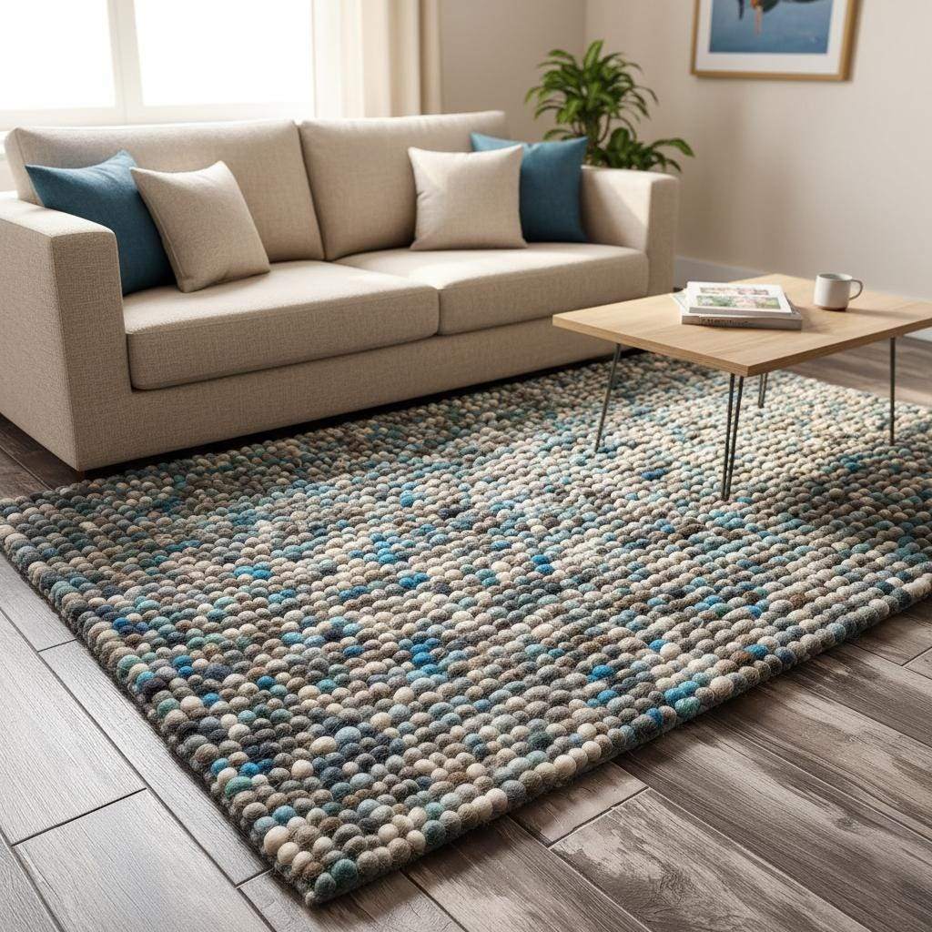 Handcrafted felt ball rug in teal, beige, and grey wool with plush pebble texture