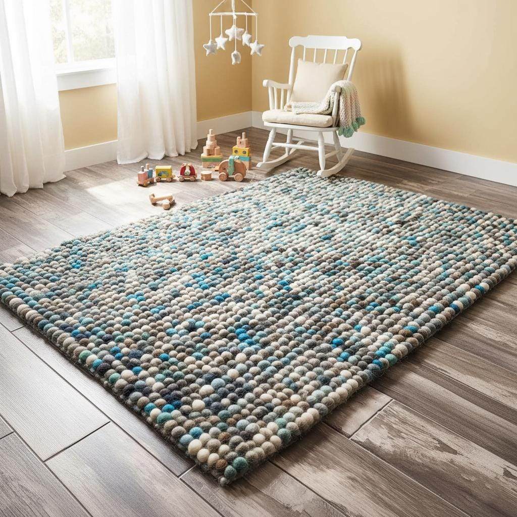 Handcrafted felt ball rug in teal, beige, and grey wool with soft, textured pebble design
