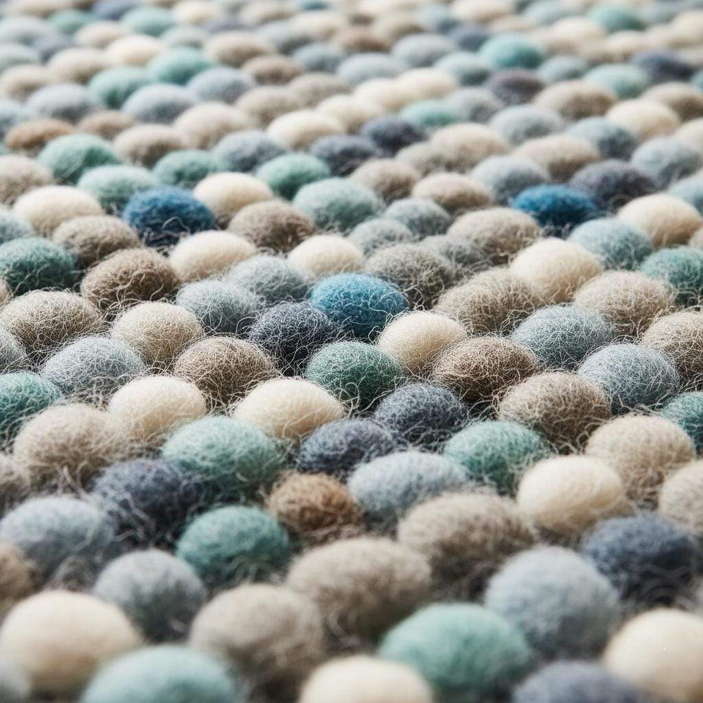 Handcrafted felt ball rug in teal, beige, and grey wool with soft pebble texture for cozy home décor