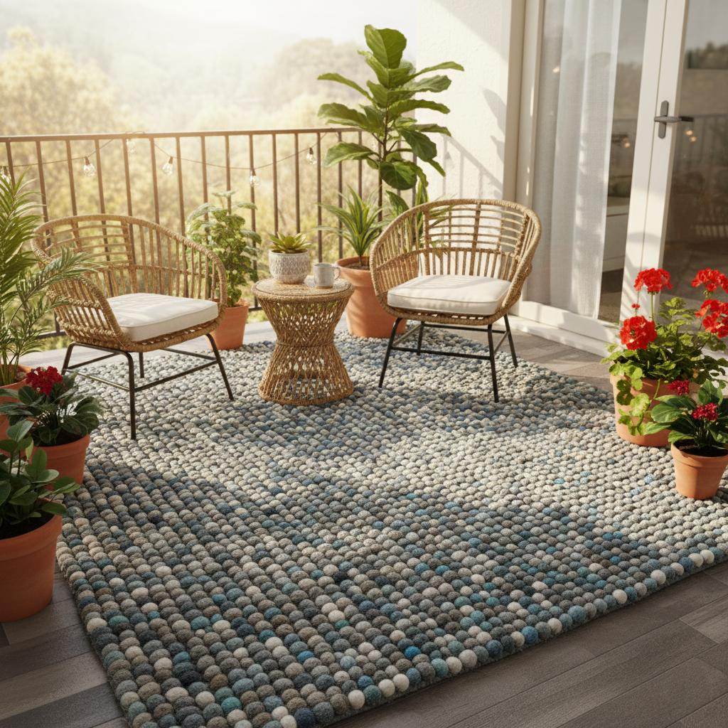Handcrafted felt ball rug in teal, beige, and grey wool with plush pebble texture for cozy, eco-friendly home décor