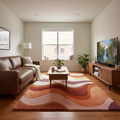 Mid century modern living room featuring a 70s groovy rug with pink, orange, and magenta wave designs.