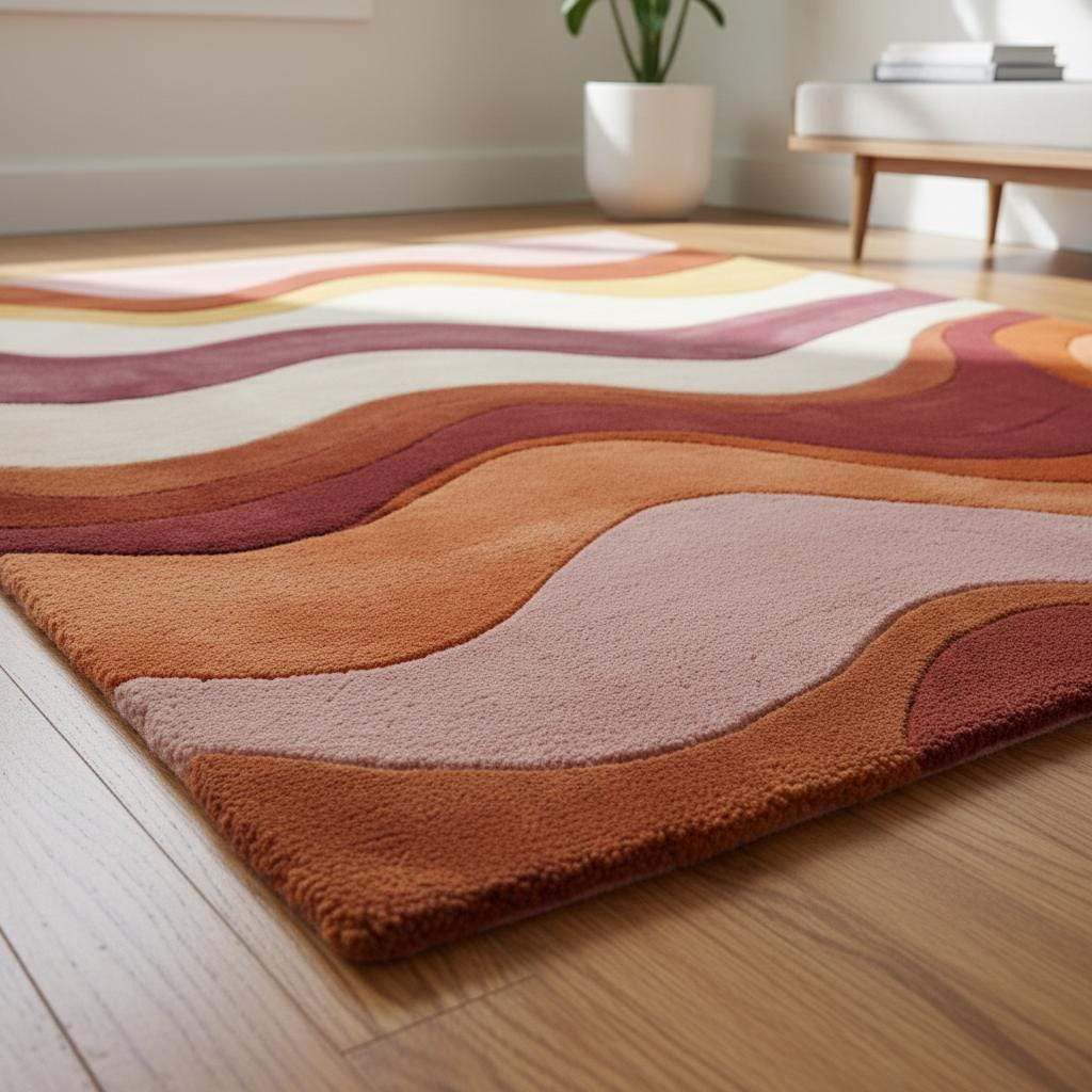 Soft boho retro rug with flowing warm-toned waves beneath a coffee table and gold velvet couch.