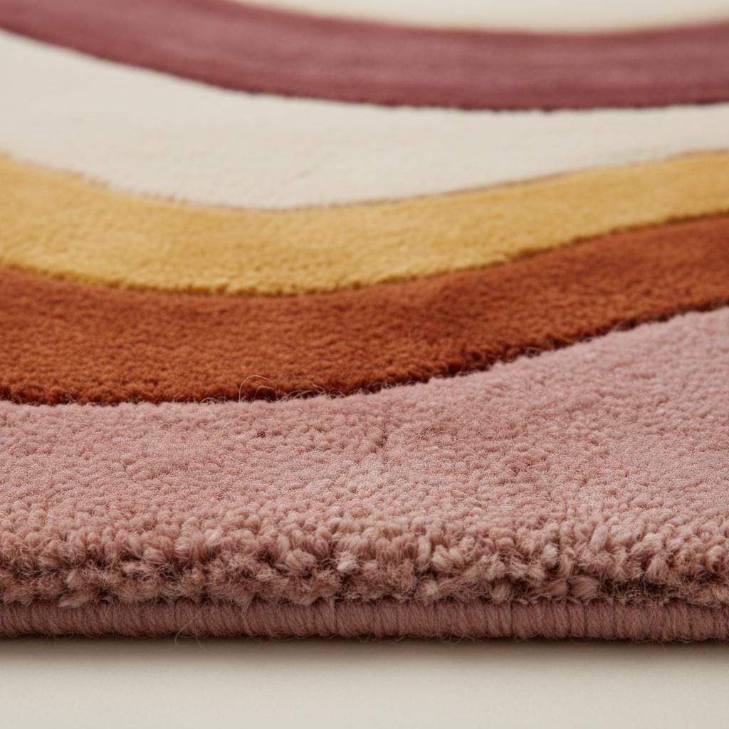 Retro wavy area rug with colorful 70s wave pattern and soft tufted wool texture
