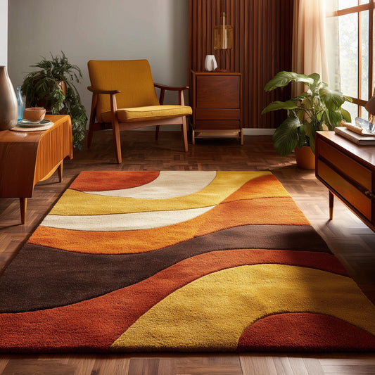 Mid century modern rug with groovy abstract retro patterns in warm mustard, orange, cream, and brown colors, tufted vintage carpet for cozy mid-century decor.