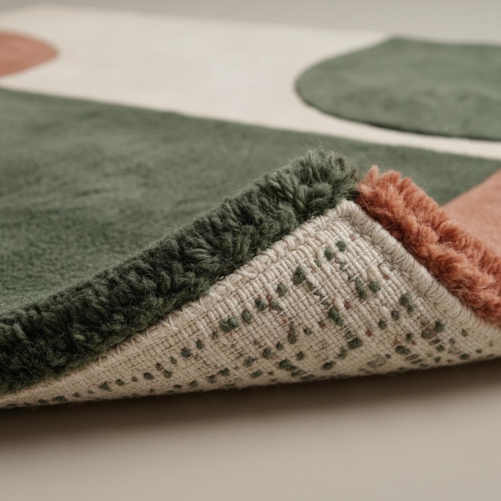 Modern geometric wool rug with terracotta, green, and cream abstract design and plush tufted texture