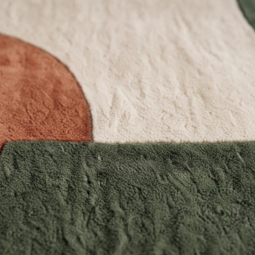 Close view of abstract tufted rug with soft textured surface featuring bold shapes in warm modern organic colors.