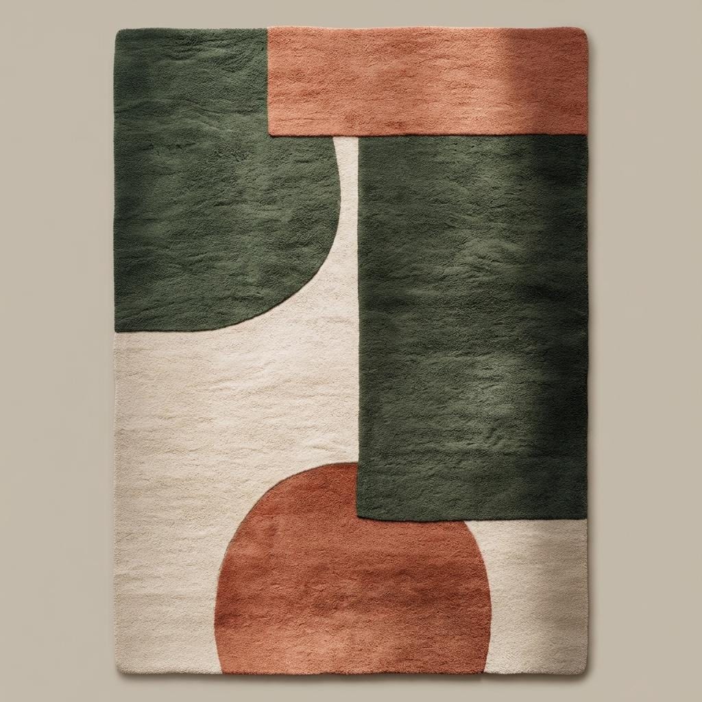 Contemporary living room with minimalist sofa and a geometric patterned rug enhancing cozy modern décor.