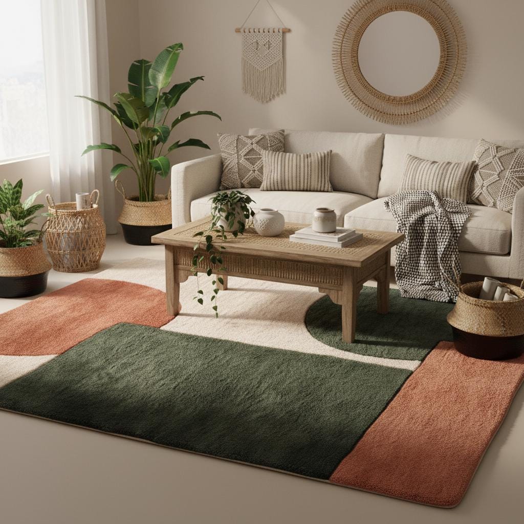 Earthy modern area rug on light wood flooring, adding warmth and style to a bright open-concept home interior.
