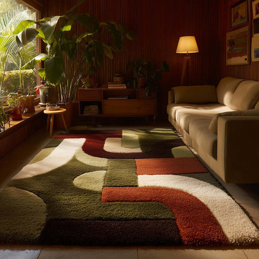 Mid century shag rug with plush high pile and earth tone geometric abstract design