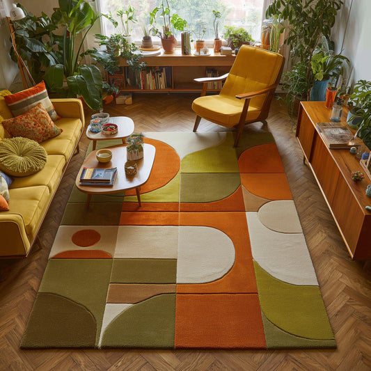 Mid century modern rug with warm orange and olive geometric abstract pattern, plush pile, durable synthetic fibers, and fade-resistant colors