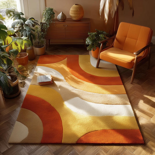 Handcrafted retro 70s area rug with curved color block waves in mustard yellow and orange, plush non-slip backing floor rug for mid century modern boho décor