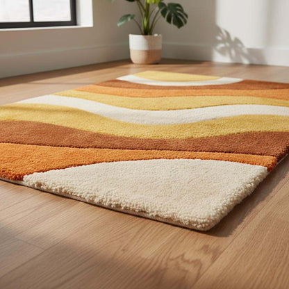 Warm retro accent rug with sculpted plush pile and vintage-inspired curves displayed in a sunlit corner with modern decor.