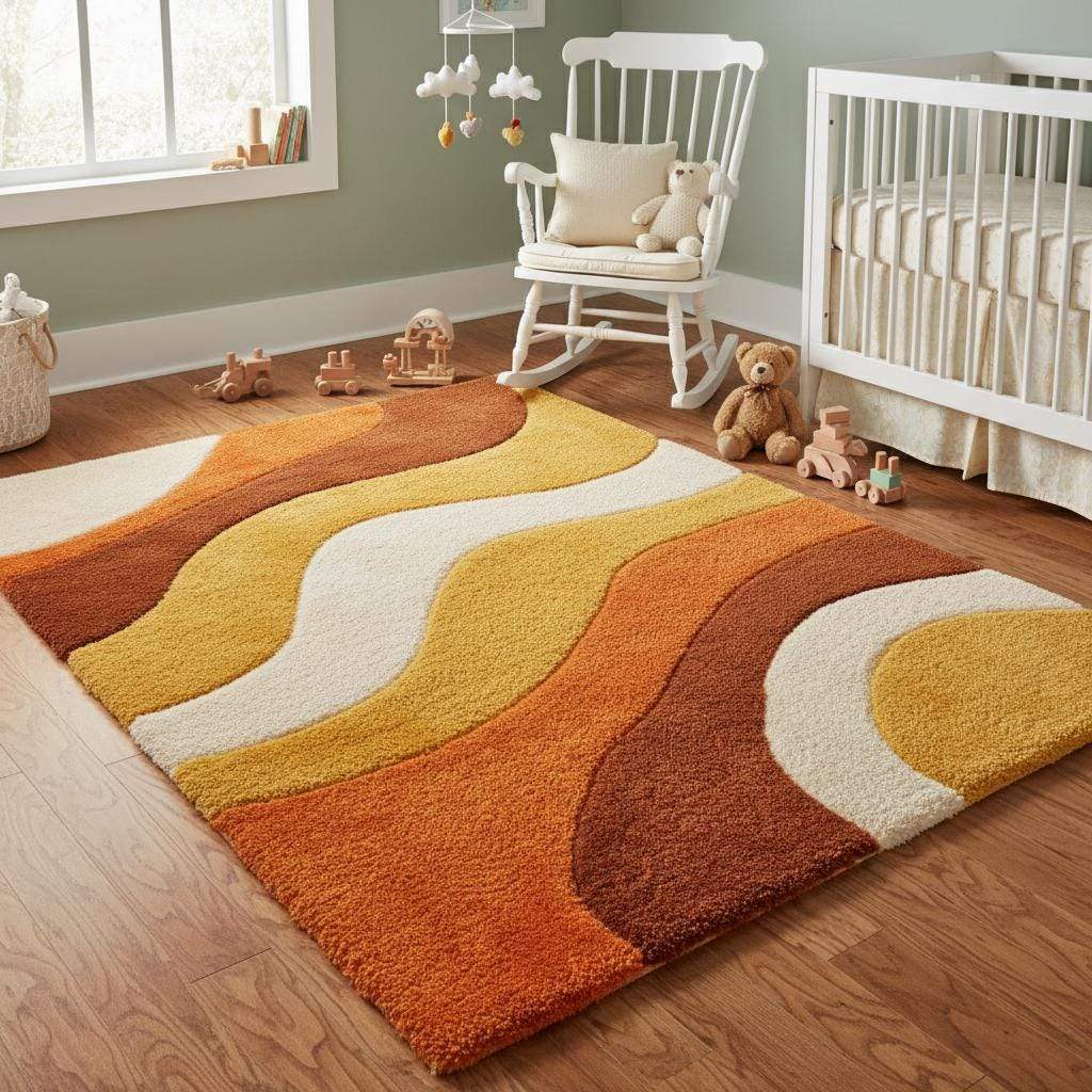 Soft shag rug with geometric wave design in bold 70s colors creating a stylish focal point in a cozy living space.