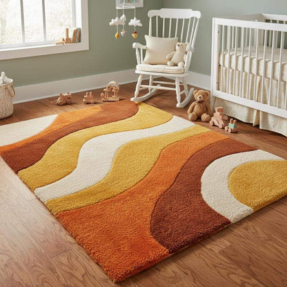 Soft shag rug with geometric wave design in bold 70s colors creating a stylish focal point in a cozy living space.