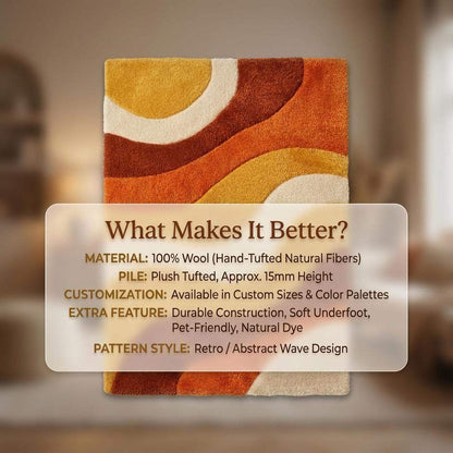 Retro sculpted shag rug in mustard orange with 70s wave pattern and plush texture
