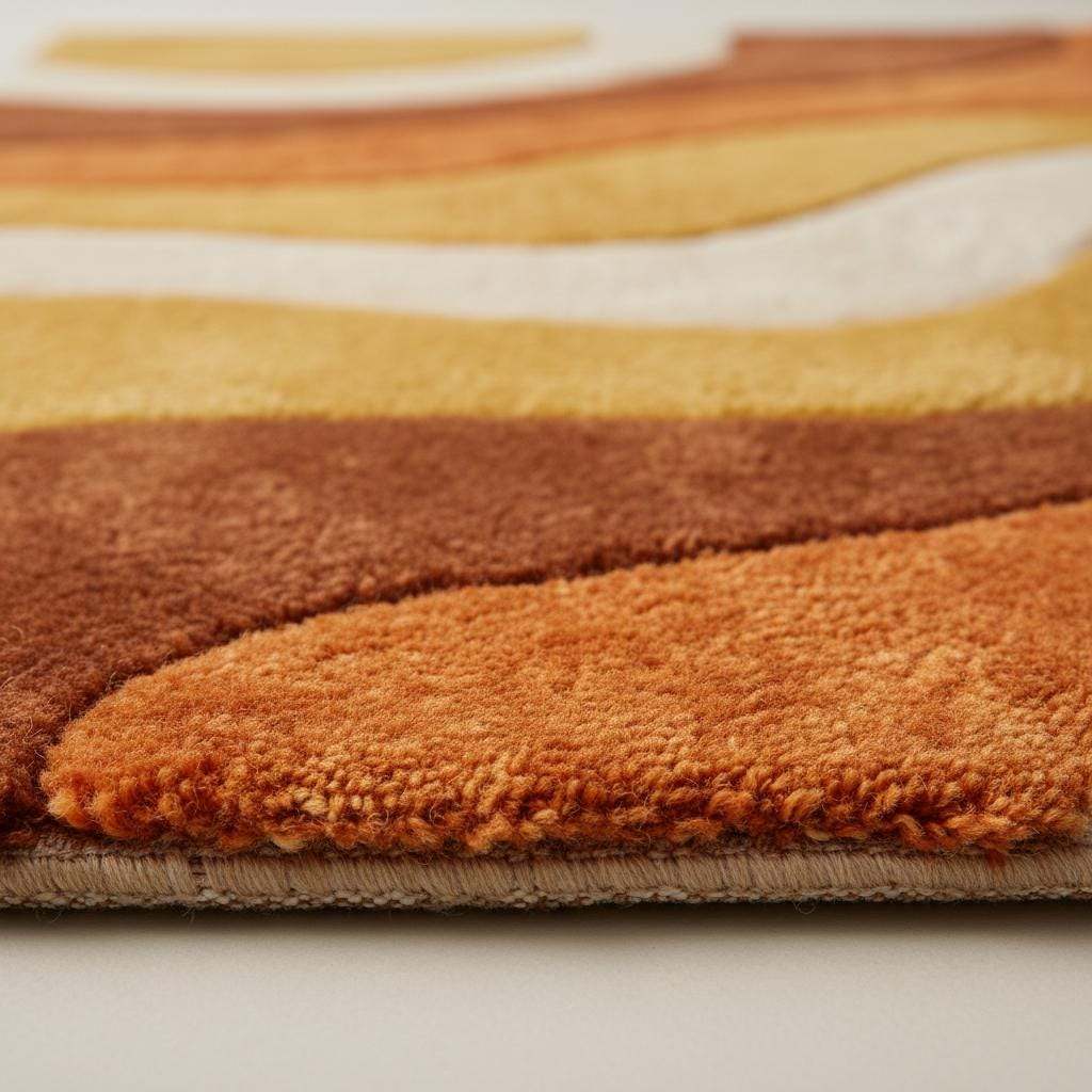 Retro sculpted shag rug with 70s wave pattern in mustard orange for mid century modern decor