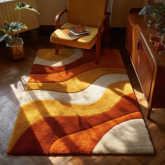 Retro sculpted shag rug with 70s wave pattern in mustard orange, plush textured mid century modern carpet