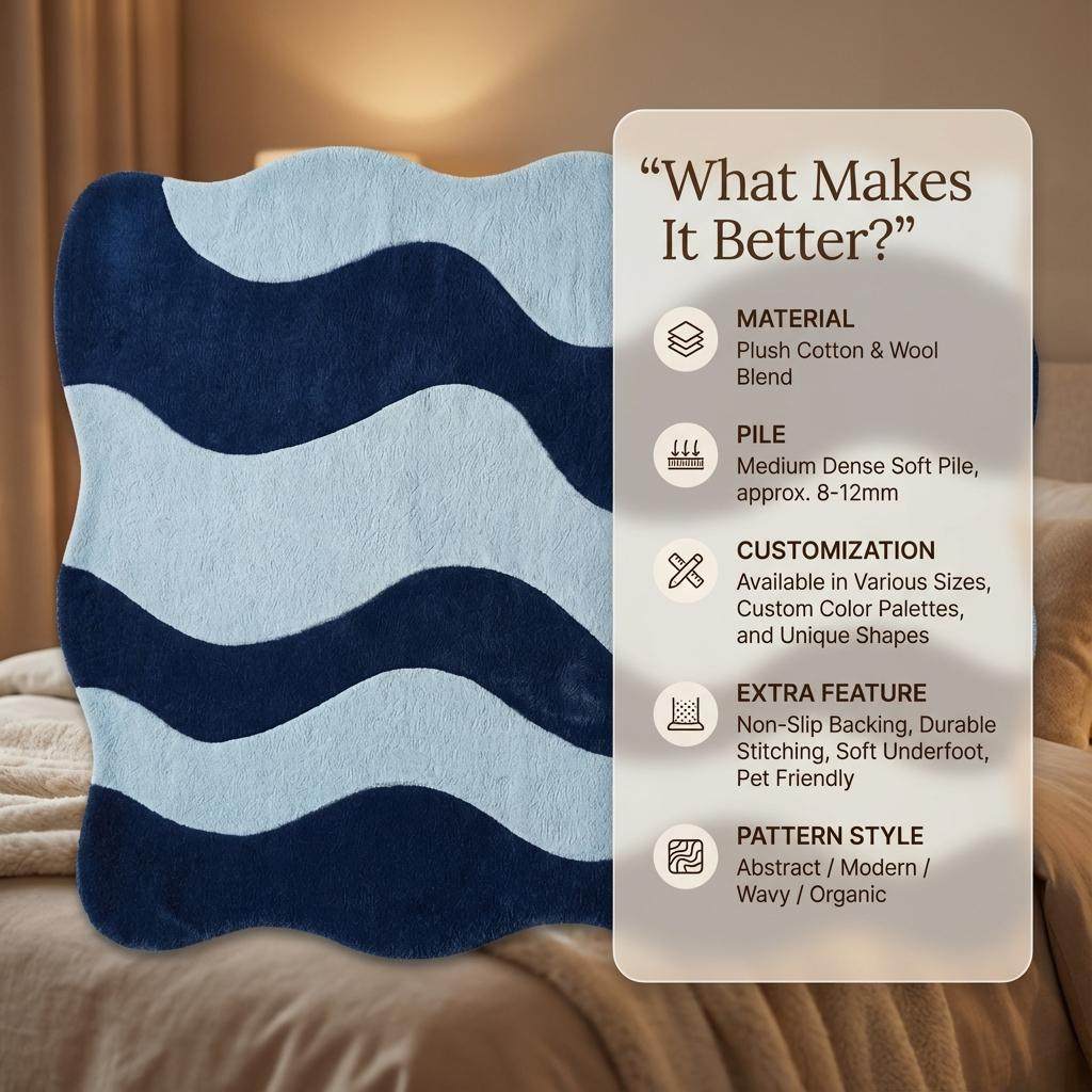 Modern wavy rug with abstract navy and light blue curved design for contemporary living rooms