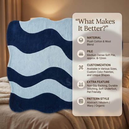 Modern wavy rug with abstract navy and light blue curved design for contemporary living rooms