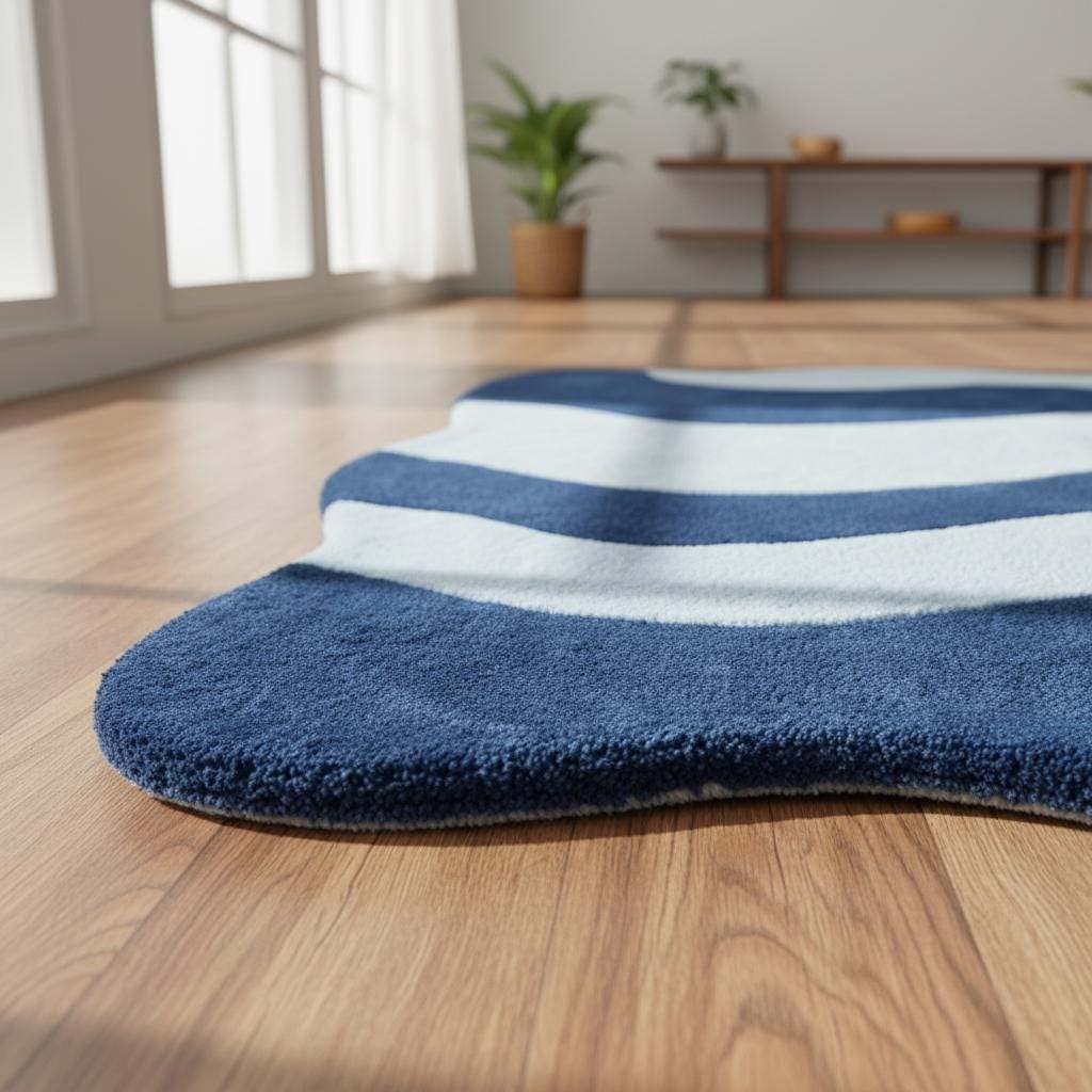 Large modern curved rug with organic wave design placed in stylish living room with wooden furniture and greenery.