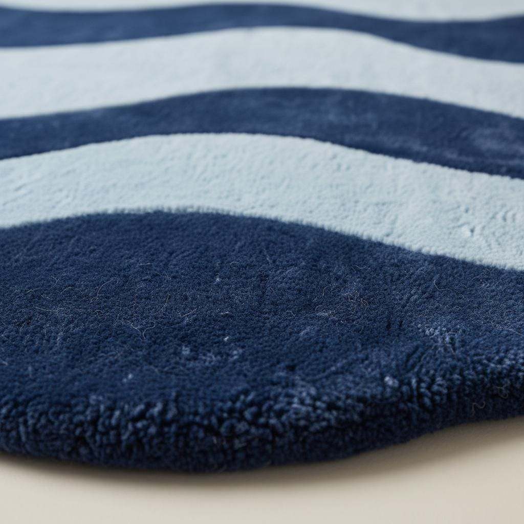 Modern wavy rug with abstract navy and light blue curved design for contemporary living room decor
