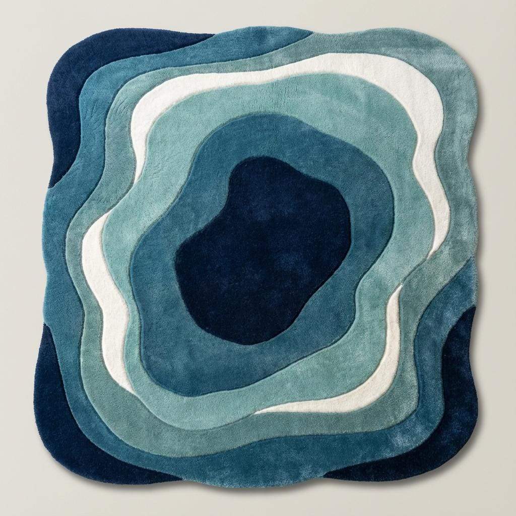 Artistic blue carpet with topographic-inspired layers, placed in a mid-century modern room with wooden furniture and greenery